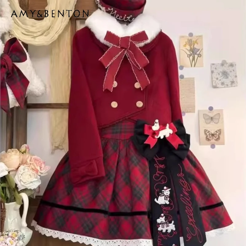 Christmas Red Double Plaid Plush Collar Lolita Women's Short Coat 2025 Autumn Winter Cute Bow Plaid Splicing Skirt Set Ladies
Christmas Red Double Plaid Plush Collar Lolita Women's Short Coat 2025 Autumn Winter Cute Bow Plaid Splicing Skirt Set Ladies