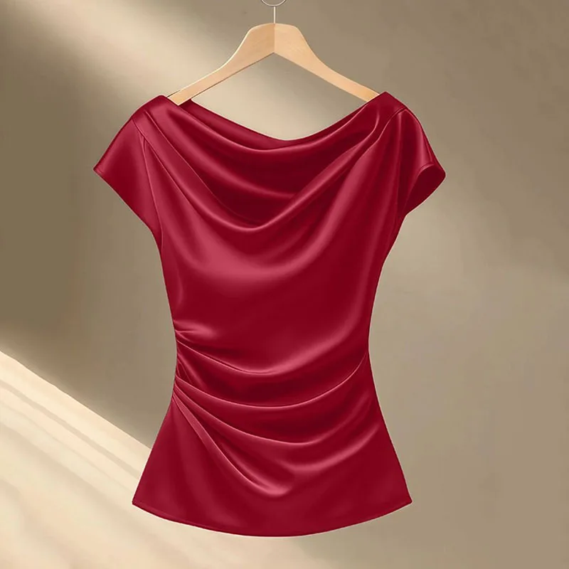 Satin Pile Collar Short Sleeved T-shirt Women's T-shirt Blouse Summer 2025 New Edition Fashion Waist Cinching Slimming Top
Satin Pile Collar Short Sleeved T-shirt Women's T-shirt Blouse Summer 2025 New Edition Fashion Waist Cinching Slimming Top