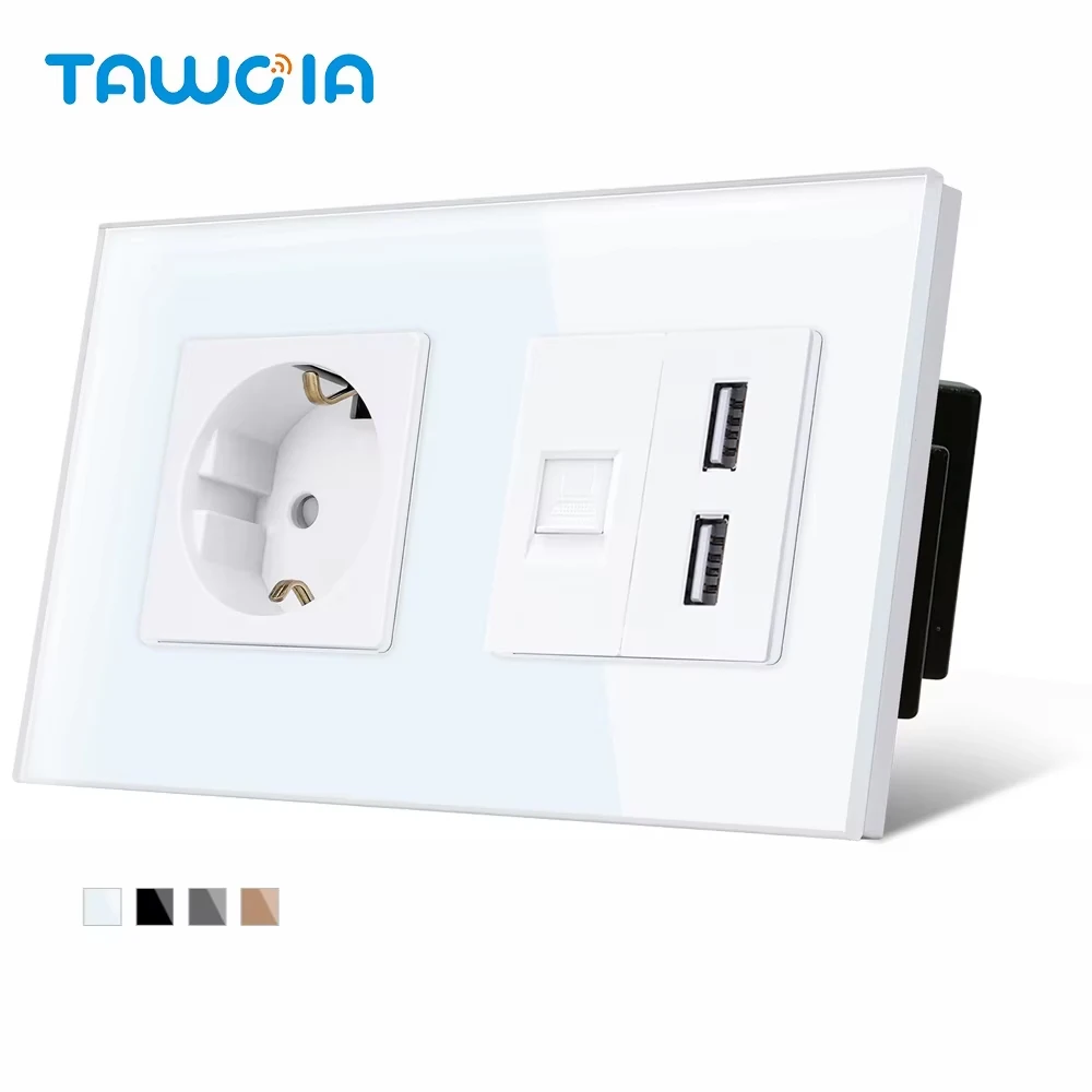TAWOIA Wall Power Socket With USB Charger EU PC RJ45 Jack CAT6 Double USB Charging Port 5V 2.4A USB 16A Socket Outputs Glass
TAWOIA Wall Power Socket With USB Charger EU PC RJ45 Jack CAT6 Double USB Charging Port 5V 2.4A USB 16A Socket Outputs Glass