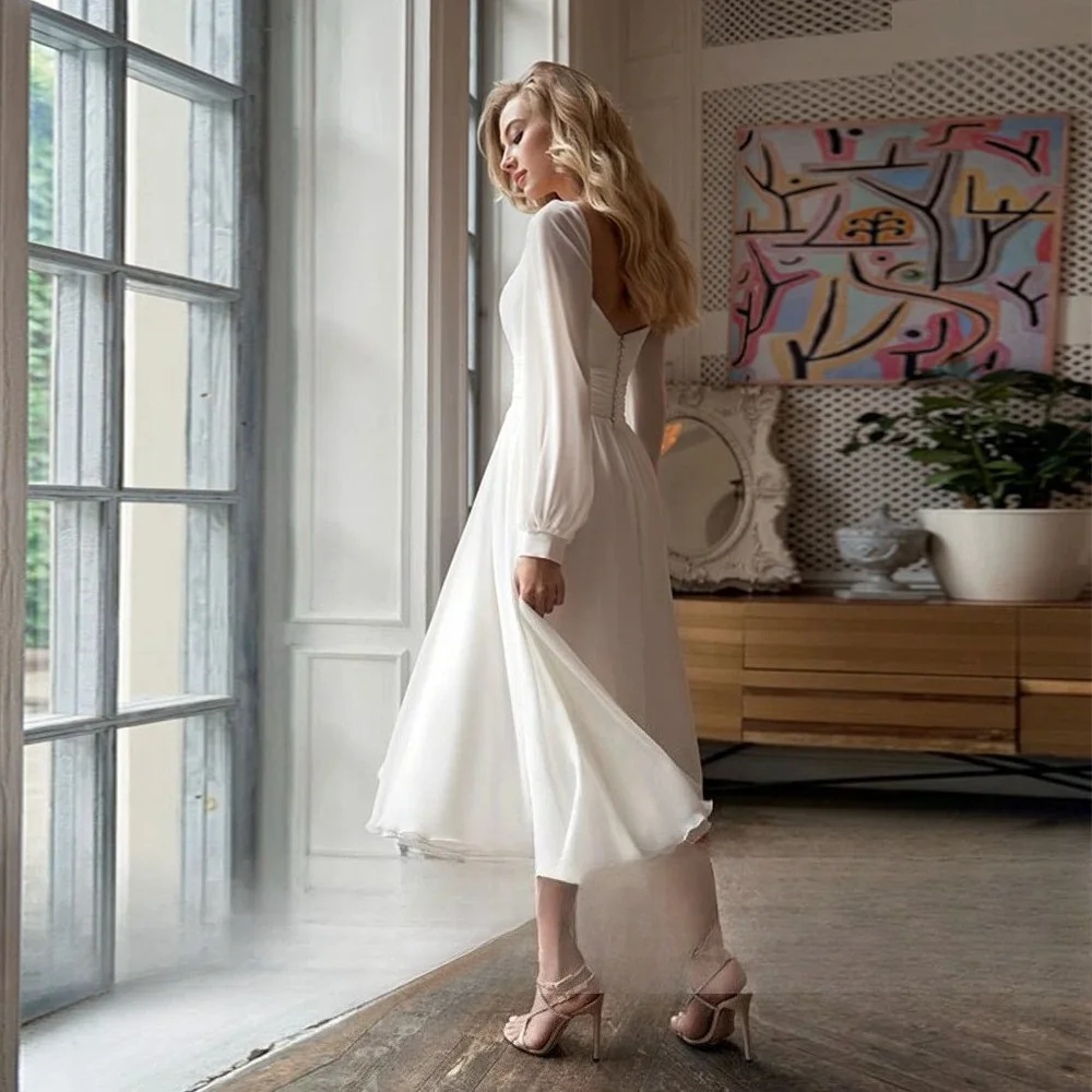 Customized Simple Chiffon Tea-Length Wedding Dresses Sweetheart Long Sleeves Side Split Bride Dress Backless Pleat Bridal Gowns
Customized Simple Chiffon Tea-Length Wedding Dresses Sweetheart Long Sleeves Side Split Bride Dress Backless Pleat Bridal Gowns
