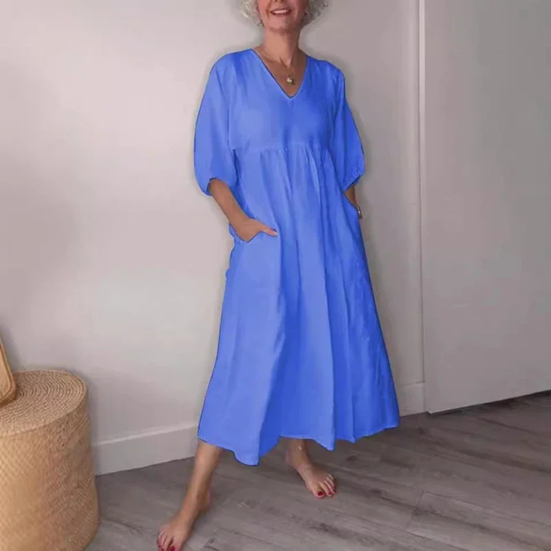 Womens Casual Solid Color Pleated Cotton Linen Dress Spring Simple V Neck Pocket Long Dress Autumn 3/4 Sleeve Loose Female Dress
Womens Casual Solid Color Pleated Cotton Linen Dress Spring Simple V Neck Pocket Long Dress Autumn 3/4 Sleeve Loose Female Dress