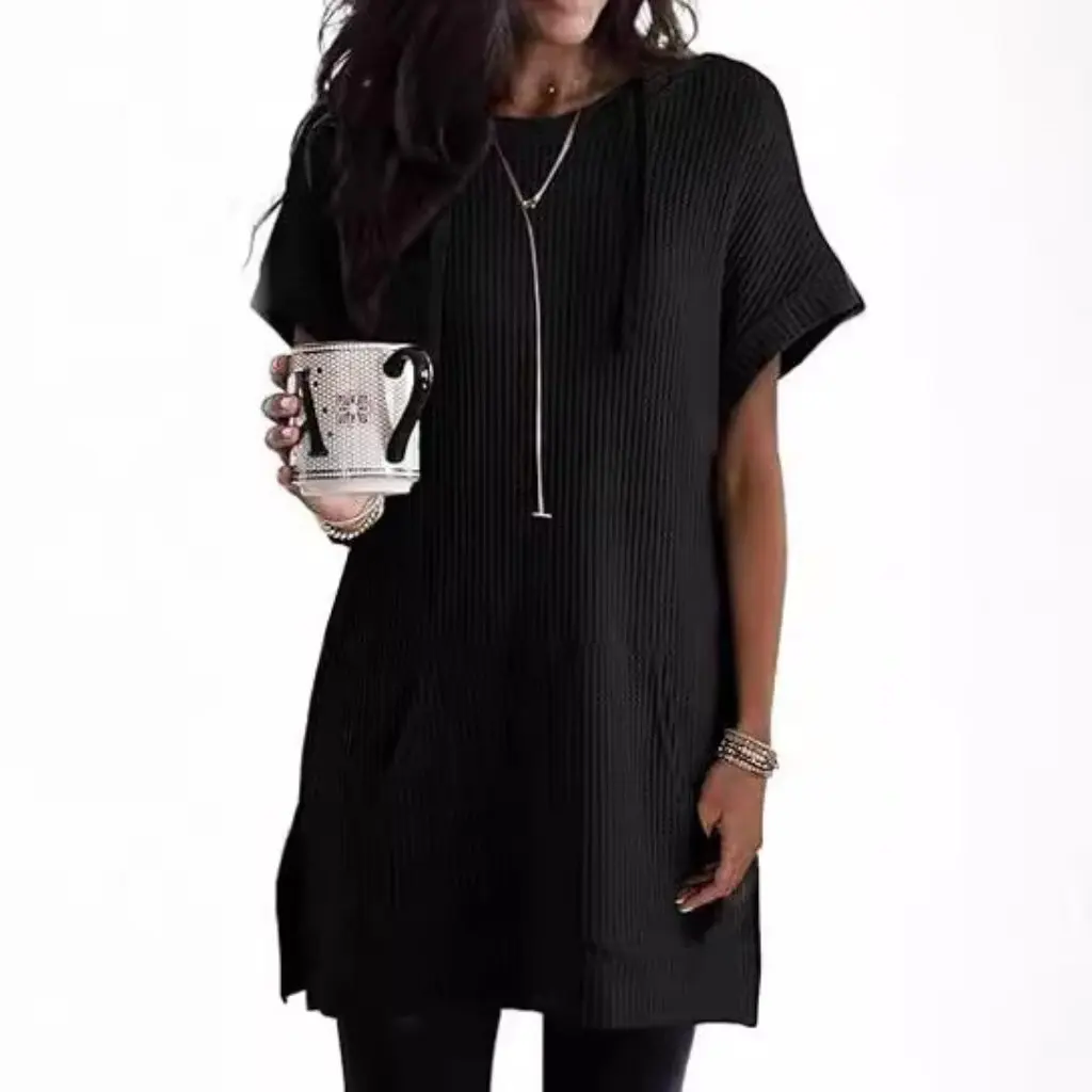 Летняя толстовка с капюшоном на шнурке, женская вафельная вязка с боковым разрезом и карманом на поясе T в европейском и американском стиле 
Летняя толстовка с капюшоном на шнурке, женская вафельная вязка с боковым разрезом и карманом на поясе T в европейском и американском стиле