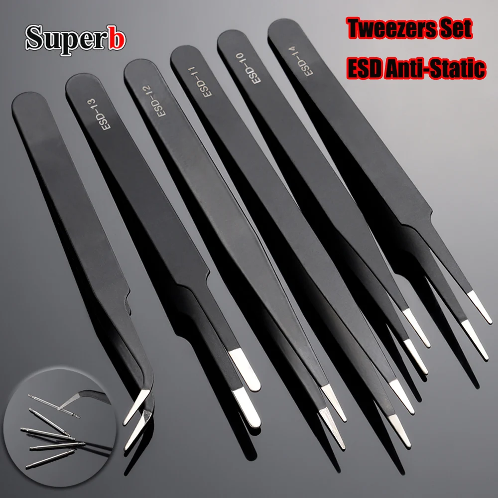 6pcs Precision Long Tweezers Set ESD Anti-Static Stainless Steel Tweezers Repair Tools For Electronics Repair Soldering Craft
6pcs Precision Long Tweezers Set ESD Anti-Static Stainless Steel Tweezers Repair Tools For Electronics Repair Soldering Craft
