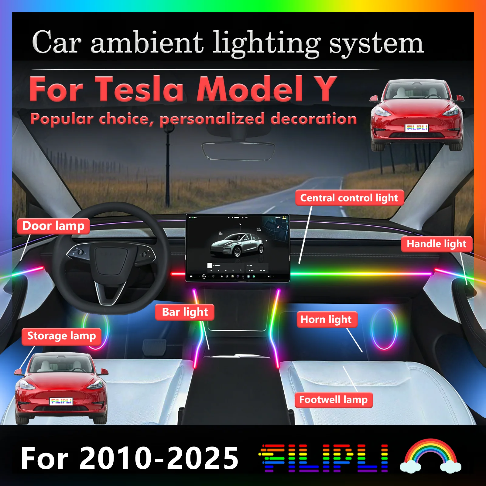 Для Tesla Model Y умный пульт дистанционного управления салона автомобиля окружающее освещение RGB 64 цвета светодиодный энергосберегающий эффективный комплект ламп
Для Tesla Model Y умный пульт дистанционного управления салона автомобиля окружающее освещение RGB 64 цвета светодиодный энергосберегающий эффективный комплект ламп