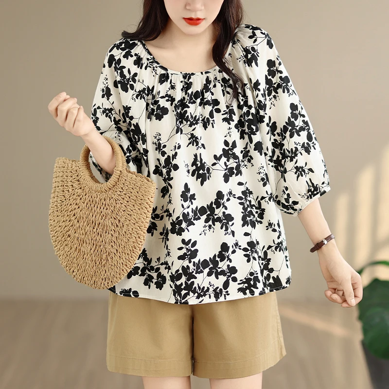 Loose Casual Style round Neck One Shoulder Doll Shirt Leaf Print Artistic Summer New Arrival Women's T-shirt Cotton Material
Loose Casual Style round Neck One Shoulder Doll Shirt Leaf Print Artistic Summer New Arrival Women's T-shirt Cotton Material