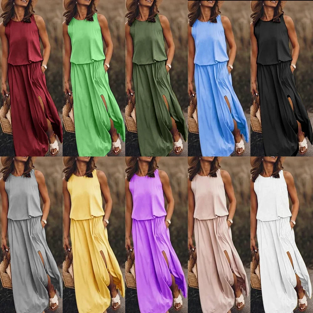 2024 summer European and American women's fashion retro round neck sleeveless split solid color two piece dress
2024 summer European and American women's fashion retro round neck sleeveless split solid color two piece dress