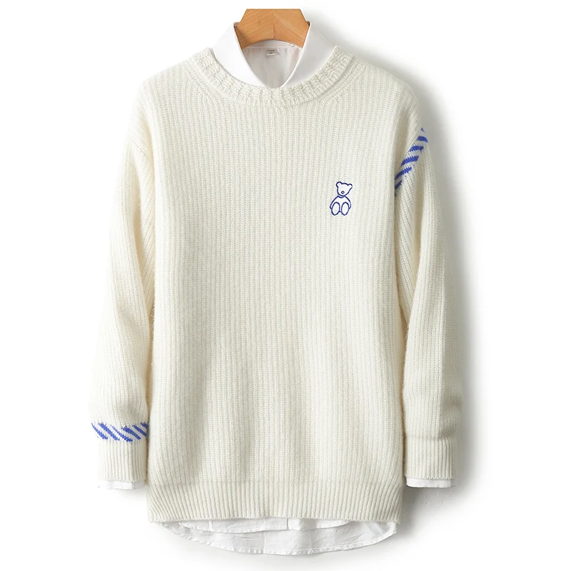 Модный свитер из 100% мериносовой шерсти с круглым вырезом и вышивкой «Маленький медвежонок», пуловер из кашемира, мужская повседневная однотонная теплая одежда, топ
Модный свитер из 100% мериносовой шерсти с круглым вырезом и вышивкой «Маленький медвежонок», пуловер из кашемира, мужская повседневная однотонная теплая одежда, топ