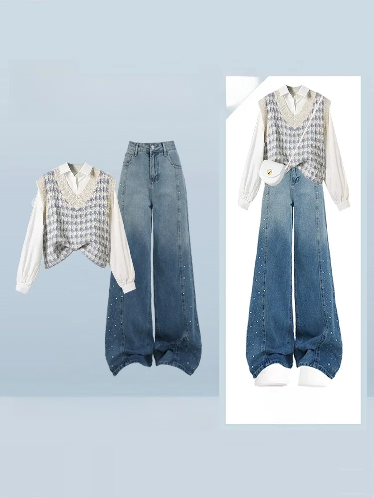 Однотонный вязаный жилет в полоску, джинсы с широкими штанинами, комплект из трех предметов, осенний модный ансамбль, женская одежда в студенческом стиле
Однотонный вязаный жилет в полоску, джинсы с широкими штанинами, комплект из трех предметов, осенний модный ансамбль, женская одежда в студенческом стиле