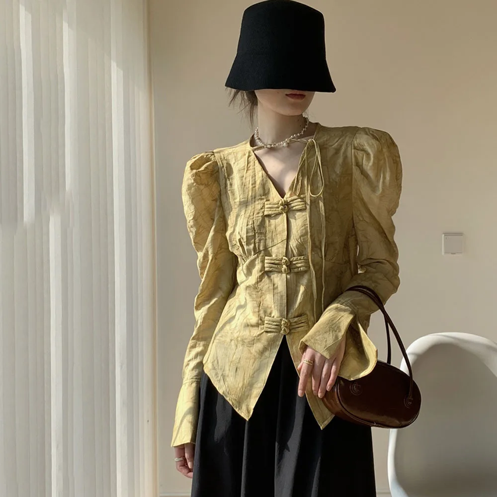 2024New Chinese Elegant Women's Shirts Spring Summer Retro Button Yellow Blouse Ladies Long Puff Sleeve Tops Female Casual Blusa
2024New Chinese Elegant Women's Shirts Spring Summer Retro Button Yellow Blouse Ladies Long Puff Sleeve Tops Female Casual Blusa
