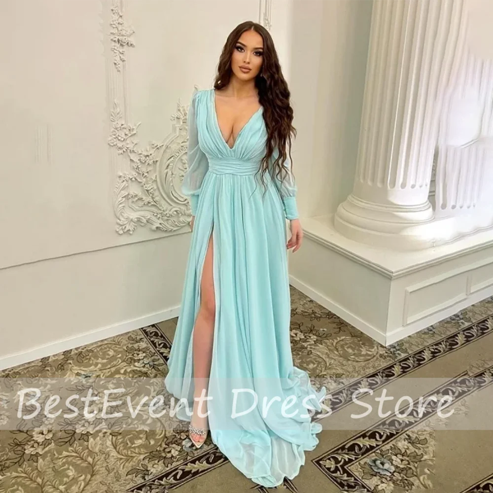 Custom Made V-neck Long Sleeve Pleated Evening Dress A-line Backless Floor Length Side Slit Prom Party Dress with Sweep Train
Custom Made V-neck Long Sleeve Pleated Evening Dress A-line Backless Floor Length Side Slit Prom Party Dress with Sweep Train