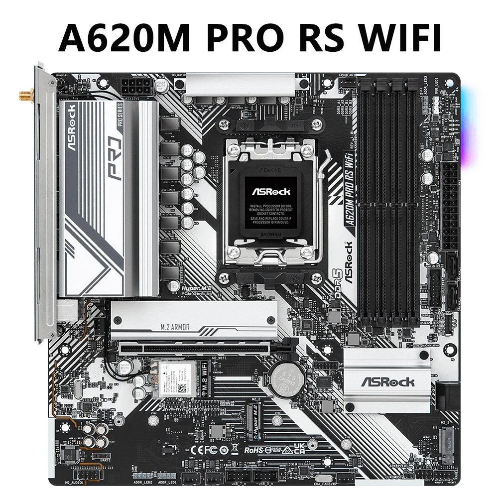 ASROCK DDR5 A620M PRO RS WIFI AM5 Motherboard A620 For Ryzen 5/7/9 7600X 7700X 7800X3D 7950X CPU M.2 Micro ATX 802.11ax Wi-Fi 6E
ASROCK DDR5 A620M PRO RS WIFI AM5 Motherboard A620 For Ryzen 5/7/9 7600X 7700X 7800X3D 7950X CPU M.2 Micro ATX 802.11ax Wi-Fi 6E