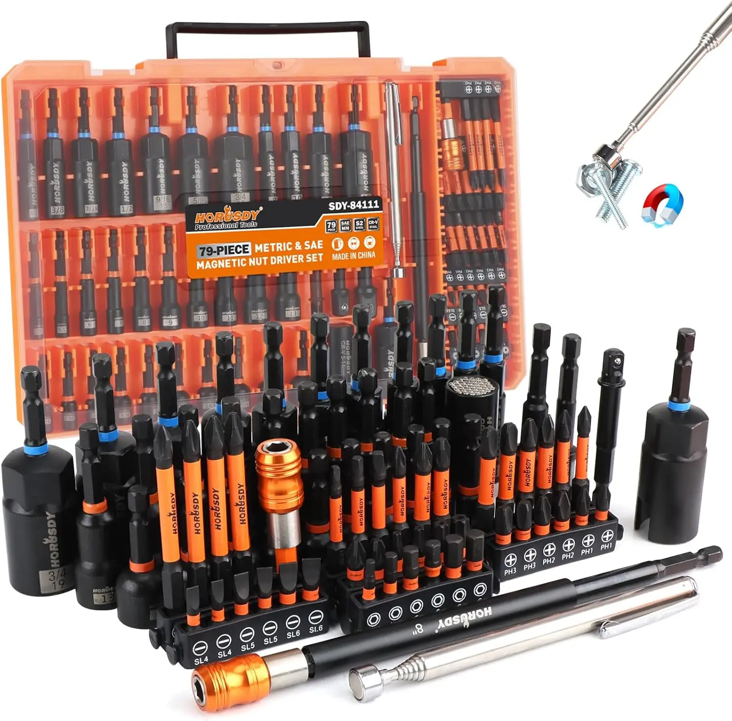 79-Piece Magnetic Impact Nut Driver Set with Metric & SAE Sockets, Pickup Tool, and Extensions for Professional Use
79-Piece Magnetic Impact Nut Driver Set with Metric & SAE Sockets, Pickup Tool, and Extensions for Professional Use