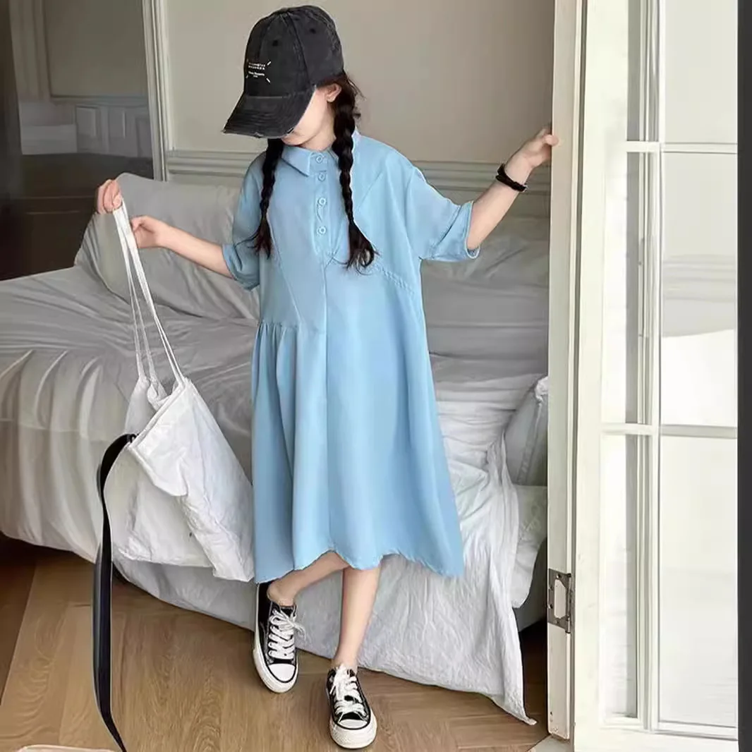 Girls Dress Summer Style 2024 New Children Long Short Sleeve Skirt Simple Casual Blue Dress Korean Simple Style Skirt Clothes
Girls Dress Summer Style 2024 New Children Long Short Sleeve Skirt Simple Casual Blue Dress Korean Simple Style Skirt Clothes
