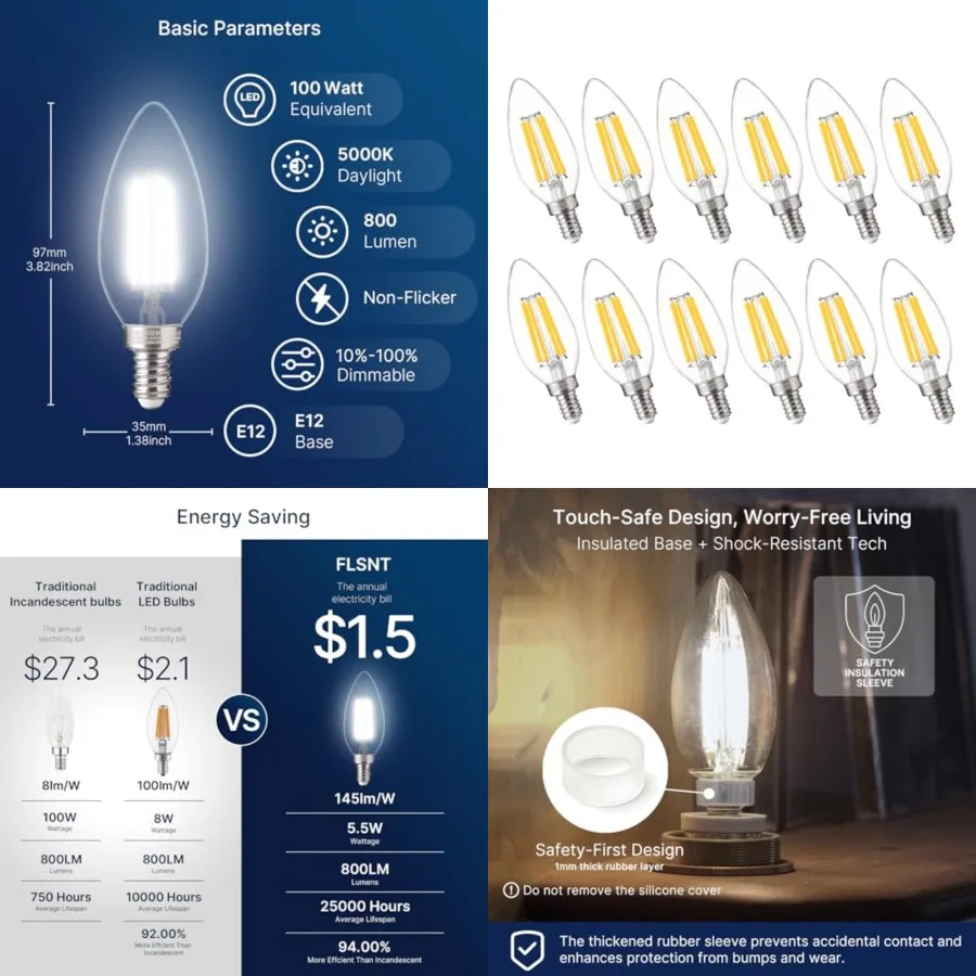 Equivalent Candelabra LED Bulbs, Dimmable LED Chandelier Light Bulbs for Dining Room, Living Room, Porch, 800LM, E12 Base, 12 P
Equivalent Candelabra LED Bulbs, Dimmable LED Chandelier Light Bulbs for Dining Room, Living Room, Porch, 800LM, E12 Base, 12 P