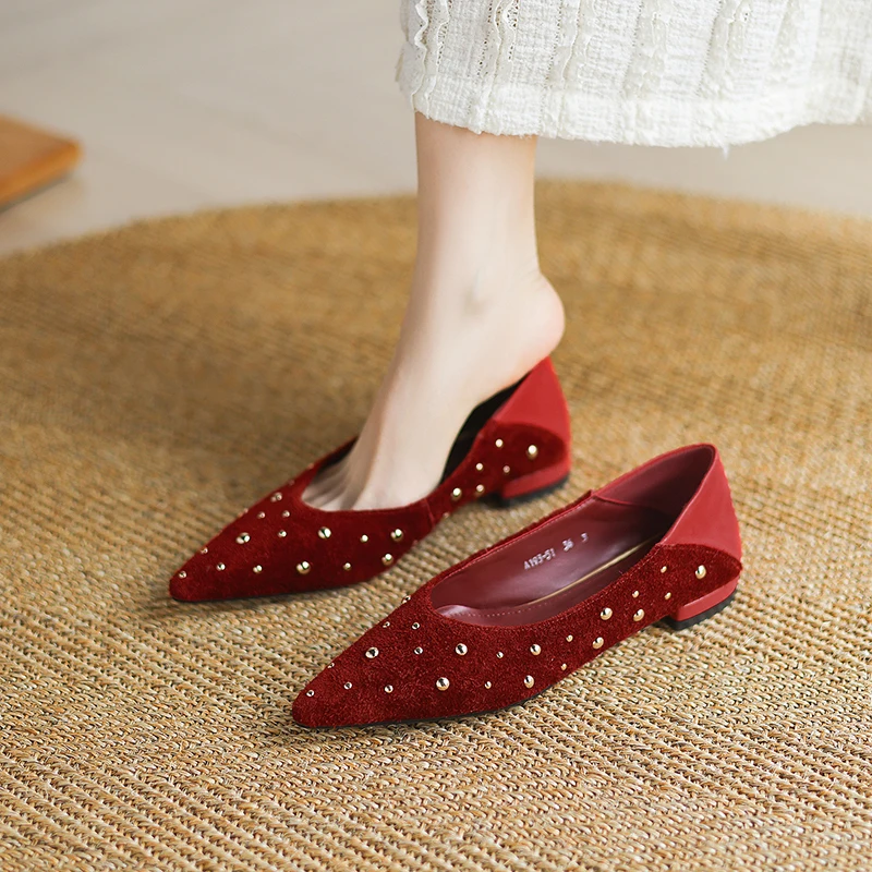 Genuine Leather Cowhide Suede Women Shoes, Rivet Pointed Toe Slip On Shallow Low Heel Women's Pumps,Fashion High Heels
Genuine Leather Cowhide Suede Women Shoes, Rivet Pointed Toe Slip On Shallow Low Heel Women's Pumps,Fashion High Heels