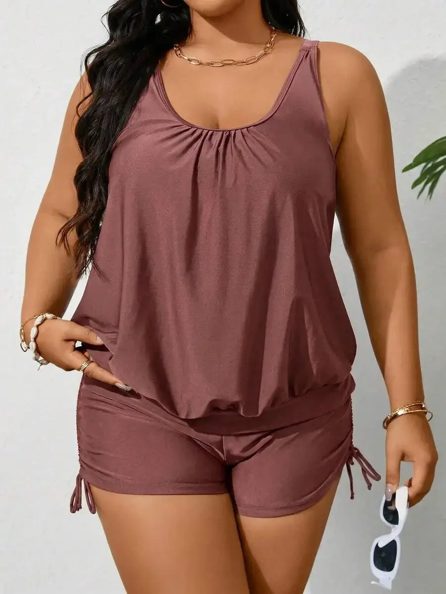 Plus Size Women Solid Color Round Neck Drawstring Ruched Tankini Swimsuit Summer Beach Holiday Set
Plus Size Women Solid Color Round Neck Drawstring Ruched Tankini Swimsuit Summer Beach Holiday Set