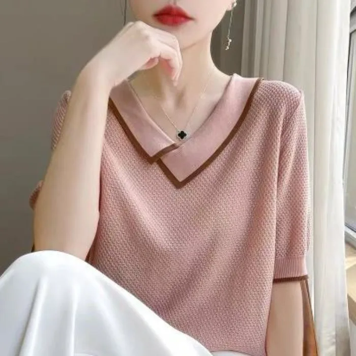 Slimming Effect Linen Knitted Short Sleeve T-Shirt Baby Collar Loose Fit Summer Brand Outlet Goods Tag Removed Women's Top
Slimming Effect Linen Knitted Short Sleeve T-Shirt Baby Collar Loose Fit Summer Brand Outlet Goods Tag Removed Women's Top