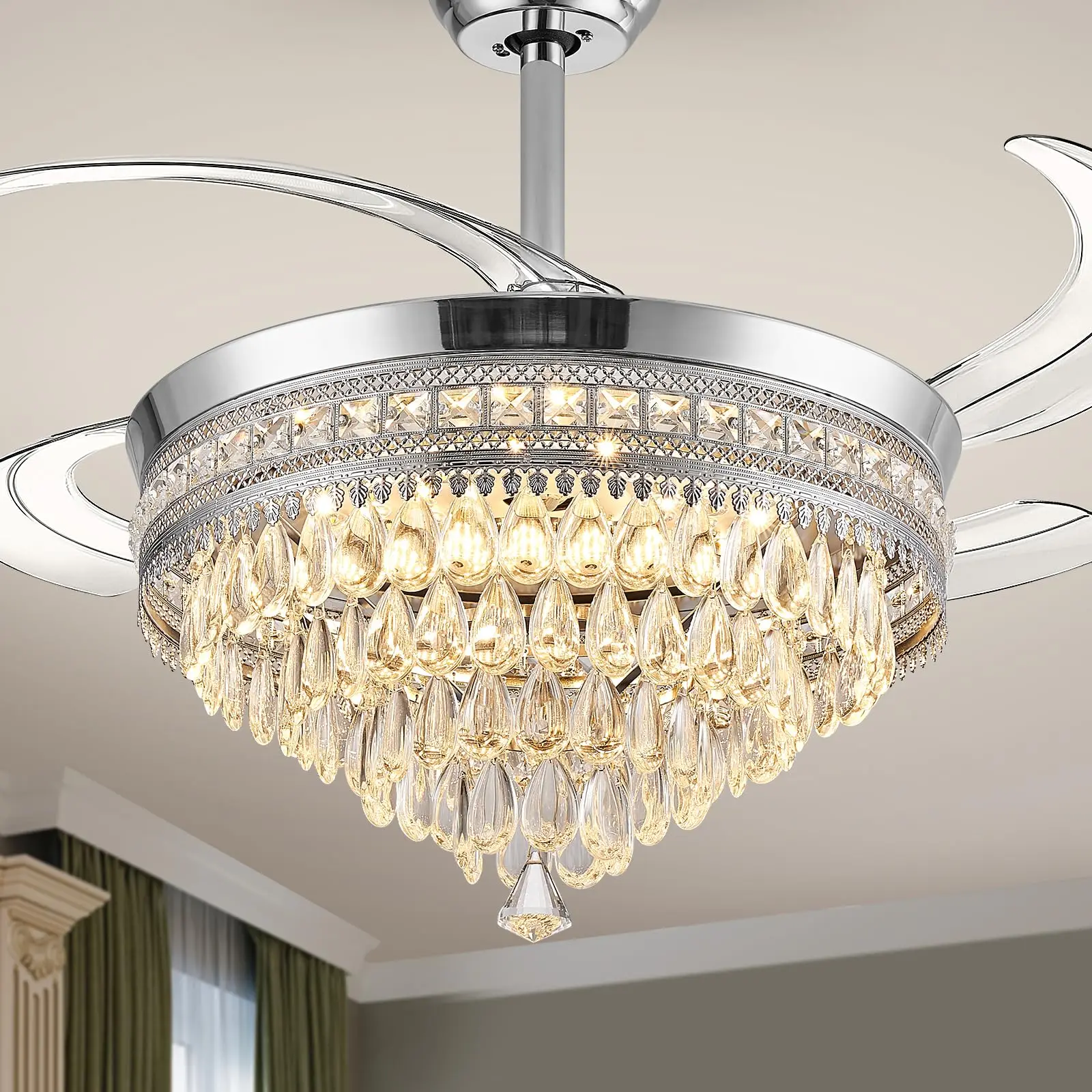 Indoor Air Circulation Ventilation Equipment, Retractable Crystal Ceiling Fan with Light, 6 Adjustable Wind Speeds, 3 Color Temperatures, Timer & Memory Function, Household Ventilation Device for Bedroom, Living Room, Dining Room
Indoor Air Circulation Ventilation Equipment, Retractable Crystal Ceiling Fan with Light, 6 Adjustable Wind Speeds, 3 Color Temperatures, Timer & Memory Function, Household Ventilation Device for Bedroom, Living Room, Dining Room