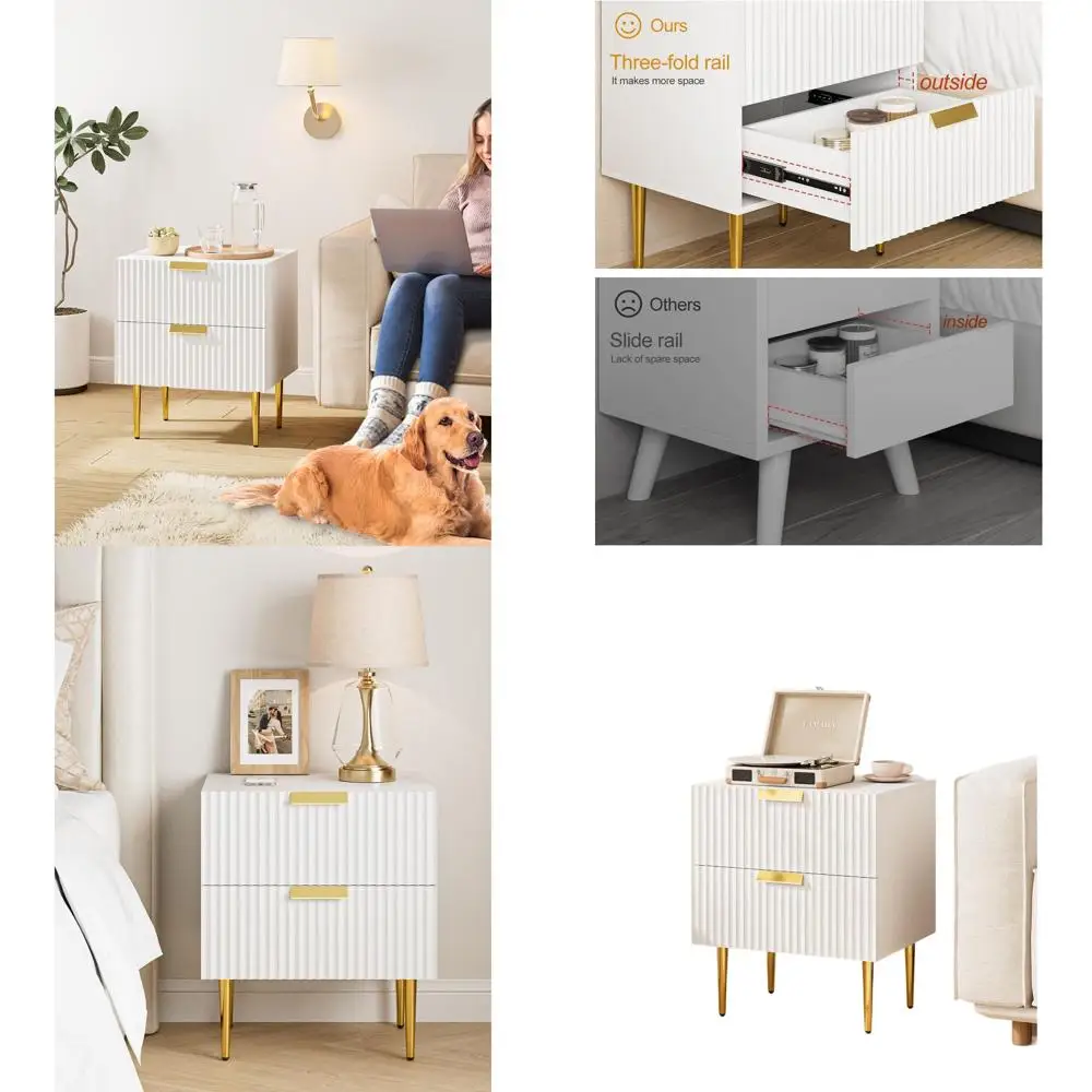 Mid-Century Modern White Nightstand with Gold Frame and 2 Drawers for Bedroom & Living Room
Mid-Century Modern White Nightstand with Gold Frame and 2 Drawers for Bedroom & Living Room