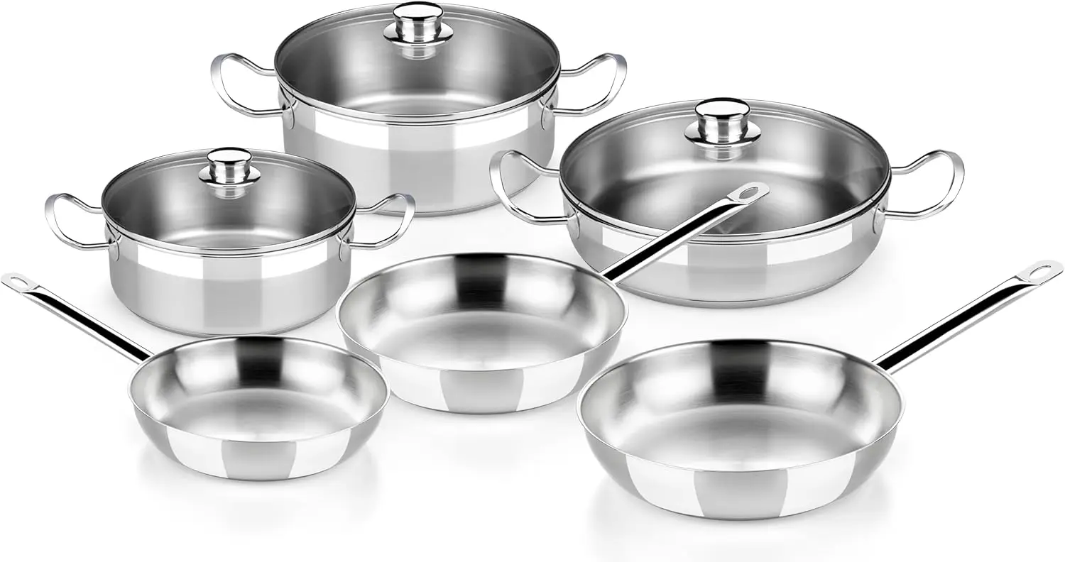9 Piece Cookware Set | Stainless Steel Professional Kitchenware Set | 2 Pots, 1 Sauté Pan, 3 Frying Pans, 3 Lids | All Heat Sour
9 Piece Cookware Set | Stainless Steel Professional Kitchenware Set | 2 Pots, 1 Sauté Pan, 3 Frying Pans, 3 Lids | All Heat Sour