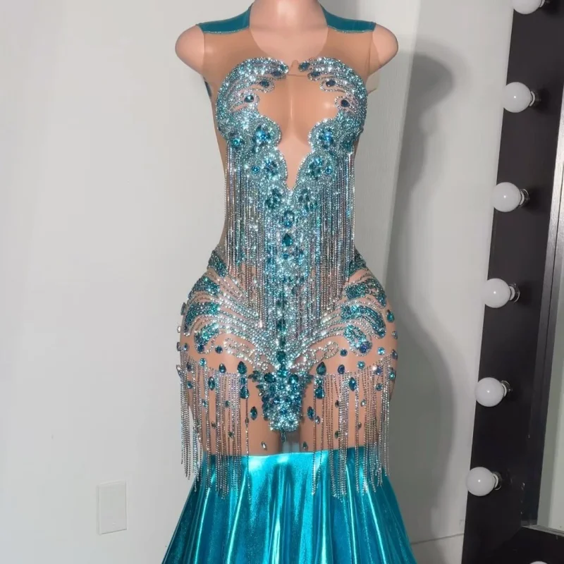 Luxurious Blue Mermaid Prom Dress With Crystals 2025 Sparkly Long Tassel Evening Party Outfits For Black Girls Customized
Luxurious Blue Mermaid Prom Dress With Crystals 2025 Sparkly Long Tassel Evening Party Outfits For Black Girls Customized