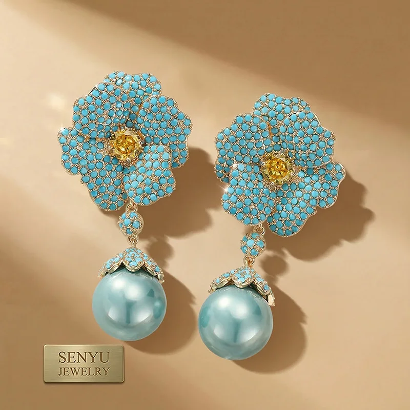 SENYU Luxury Pave Cubic Zirconia Camellia Flower Drop Earrings Large Simulated Pearl Dangle Petals Vintage French Style Jewelry
SENYU Luxury Pave Cubic Zirconia Camellia Flower Drop Earrings Large Simulated Pearl Dangle Petals Vintage French Style Jewelry