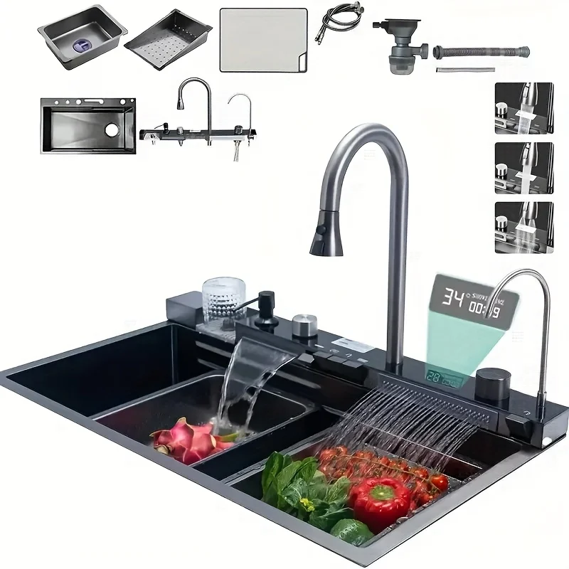 30X18 INCH Two Waterfalls Nano Kitchen Sink, Stainless Steel Smart Kitchen Sinks, Multifunctional Workstation Kitchen Sink with Digital Display Pull-Out Faucet And Accessories, 24X18 INCH Stainless Steel Bar Kitchen Sink with Waterfall Feature
30X18 INCH Two Waterfalls Nano Kitchen Sink, Stainless Steel Smart Kitchen Sinks, Multifunctional Workstation Kitchen Sink with Digital Display Pull-Out Faucet And Accessories, 24X18 INCH Stainless Steel Bar Kitchen Sink with Waterfall Feature