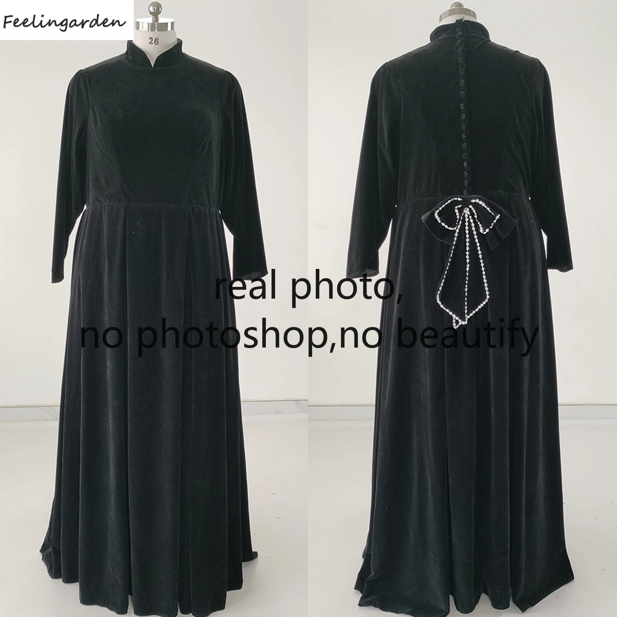 Feelingarden Evening Dresses Muslim Real Photo Plus size Black Velvet High Collar Full Sleeves Women Formal Party Gown Beads Bow
Feelingarden Evening Dresses Muslim Real Photo Plus size Black Velvet High Collar Full Sleeves Women Formal Party Gown Beads Bow