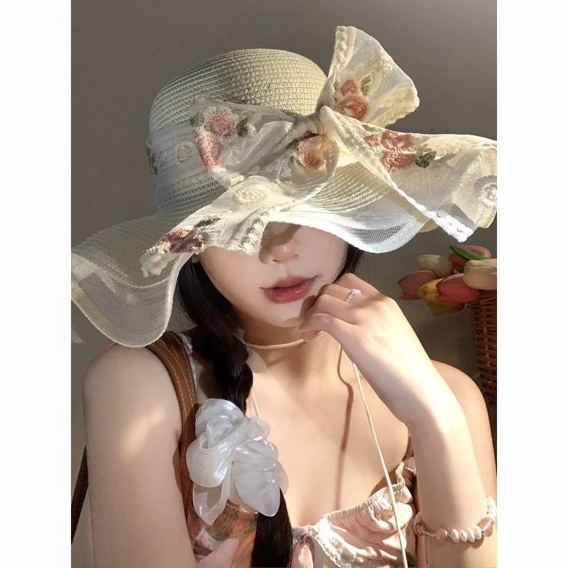 Custom French Lace Bowknot Straw Hat Women Summer Wide Brim Sweet Hat Beach Vacation Floral Hat
Custom French Lace Bowknot Straw Hat Women Summer Wide Brim Sweet Hat Beach Vacation Floral Hat