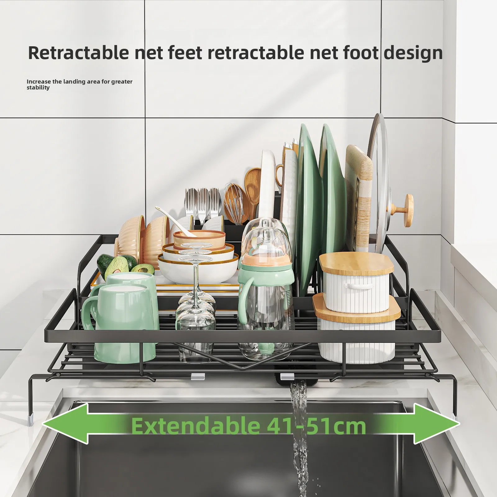 Kitchen Drain Dish Rack Countertop Tableware Cup Storage Rack Multifunctional Retractable Tableware Storage Rack