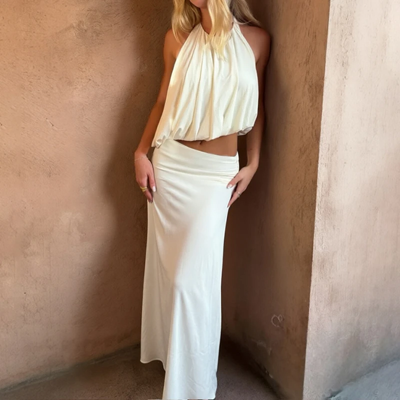 Sexy Backless Vest+Slit Skirt 2pc Set Elegant Hang Neck Off Shoulder Slim Suit Chic Solid Sleeveless Navel Exposed Beach Outfit
Sexy Backless Vest+Slit Skirt 2pc Set Elegant Hang Neck Off Shoulder Slim Suit Chic Solid Sleeveless Navel Exposed Beach Outfit