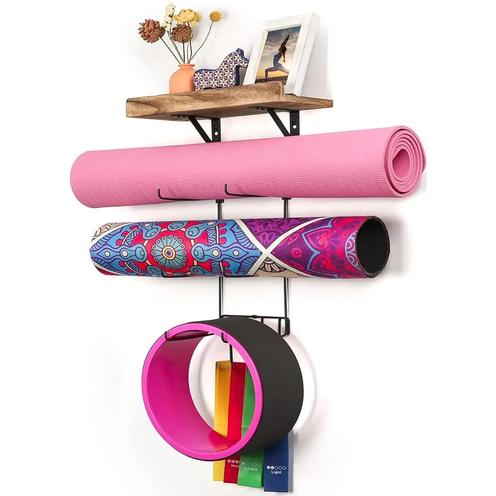 Yoga Mat Holder Wall Mount Yoga Mat Storage Home Gym Accessories With Wood Floating Shelves And 4 Hooks For Hanging Foam Roller 
Yoga Mat Holder Wall Mount Yoga Mat Storage Home Gym Accessories With Wood Floating Shelves And 4 Hooks For Hanging Foam Roller