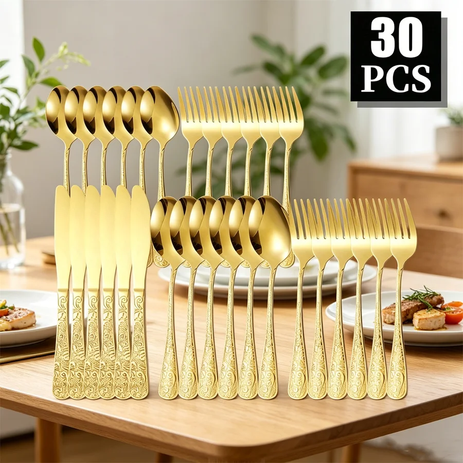 30-piece stainless steel gold-plated cutlery set, embossed floral design, mirror polished finish, serves 6 people. Suitable for
30-piece stainless steel gold-plated cutlery set, embossed floral design, mirror polished finish, serves 6 people. Suitable for