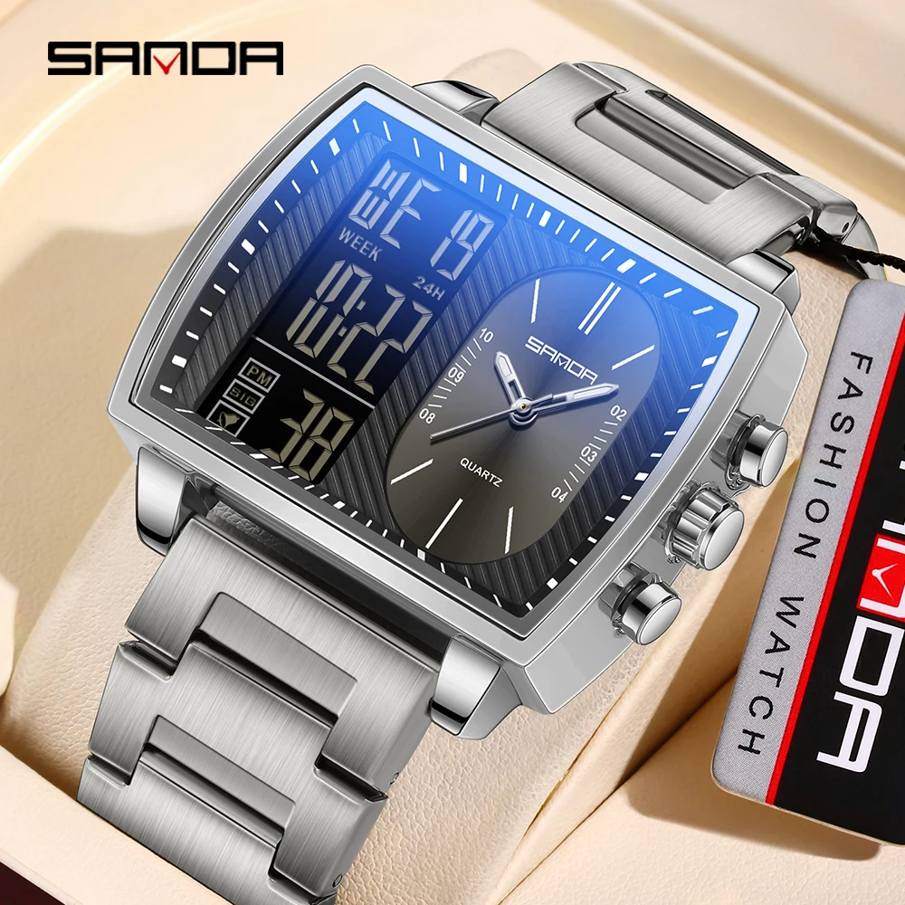 SANDA 6238 Новые мужские часы с большим циферблатом и двойным дисплеем, электронные часы из сплава, многофункциональные часы со светящейся стальной полосой
SANDA 6238 Новые мужские часы с большим циферблатом и двойным дисплеем, электронные часы из сплава, многофункциональные часы со светящейся стальной полосой