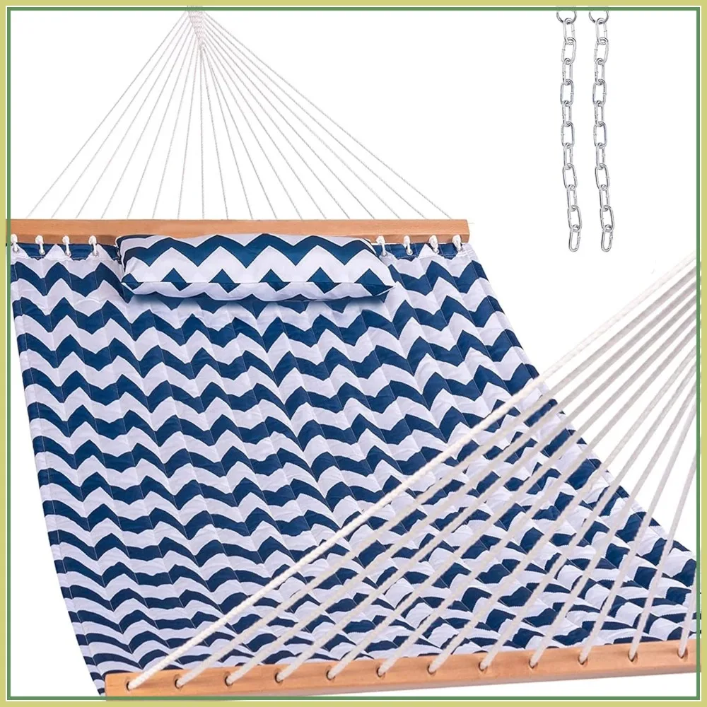 12FT Quilted Double Hammock with Spreader Bars, Detachable Pillow, 2 Person, 450 LBS Capacity, Blue Chevron Stripe
12FT Quilted Double Hammock with Spreader Bars, Detachable Pillow, 2 Person, 450 LBS Capacity, Blue Chevron Stripe