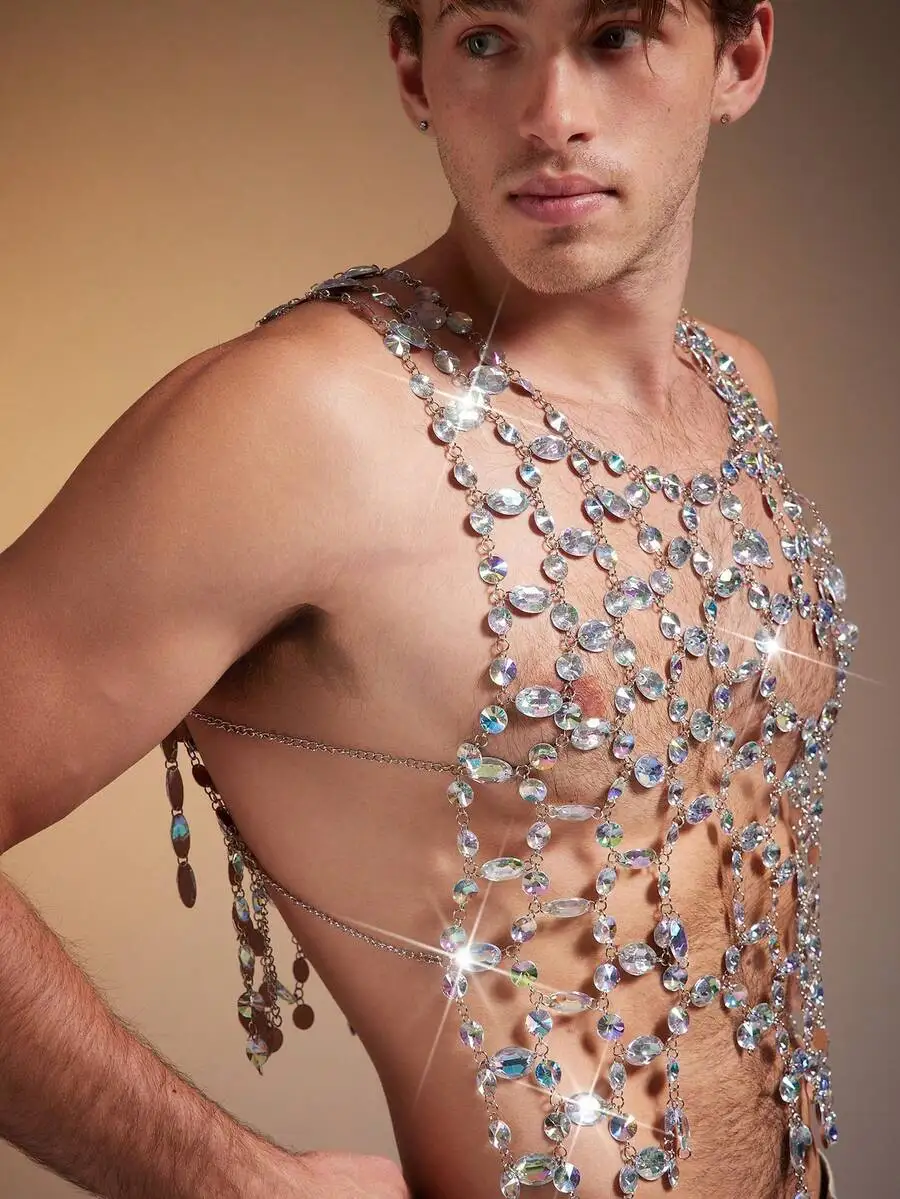 Mens Shiny Gemstone Chain Mesh Top For Party Dance
Mens Shiny Gemstone Chain Mesh Top For Party Dance