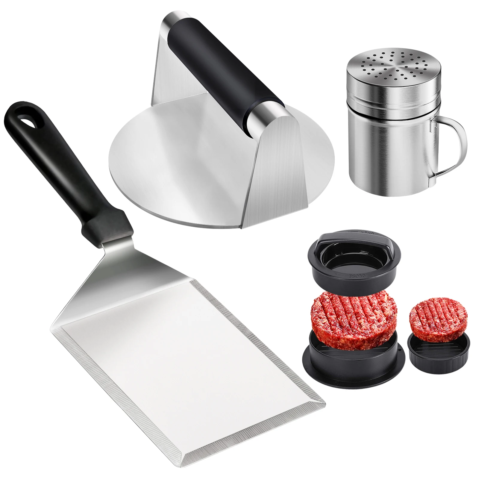 4PCS Stainless Steel Smash Burger Press Kit, Include Griddle Spatula, Bacon Press, Spice Dredge Shaker and Hamburger Press
4PCS Stainless Steel Smash Burger Press Kit, Include Griddle Spatula, Bacon Press, Spice Dredge Shaker and Hamburger Press