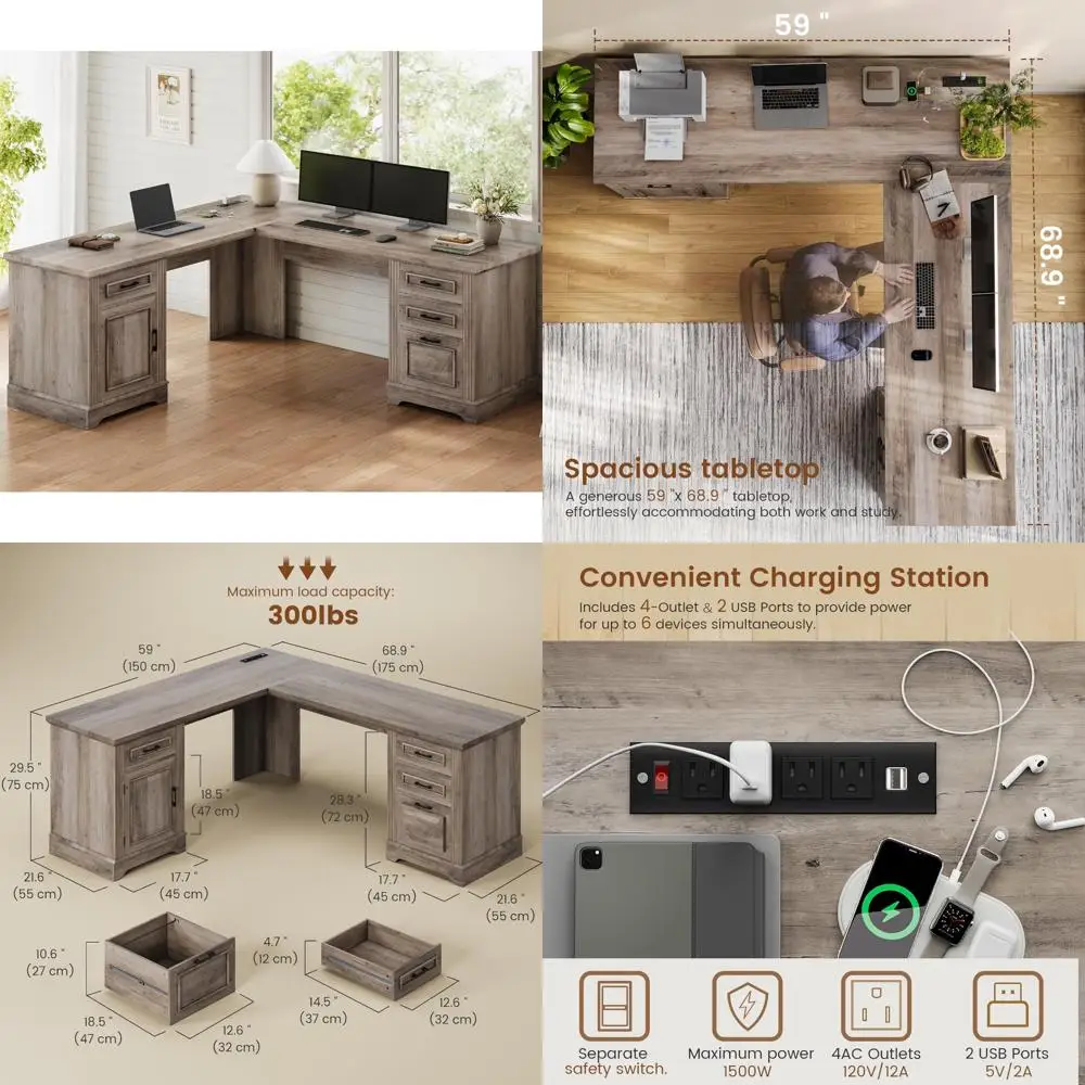 Farmhouse L Shaped Desk, Executive Computer Desk with Drawers and Storage Cabinet, Home Office Desk with File Drawer and Power
Farmhouse L Shaped Desk, Executive Computer Desk with Drawers and Storage Cabinet, Home Office Desk with File Drawer and Power