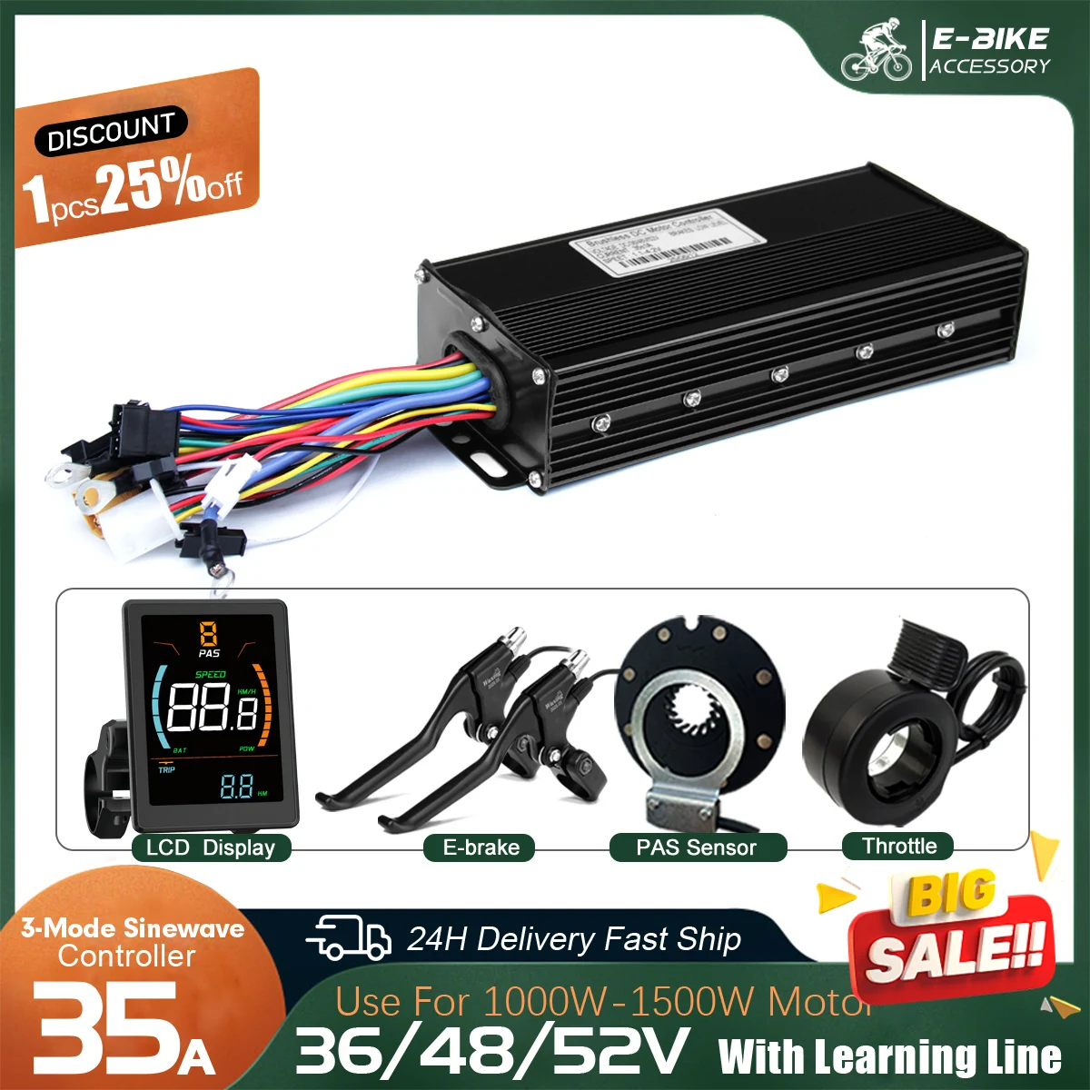 36V48V52V 35A E-Bike Three-Mode Sine Wave Learning Function Controller With UKC1 For 1000W 1500W Electric Bike Conversion Kit
36V48V52V 35A E-Bike Three-Mode Sine Wave Learning Function Controller With UKC1 For 1000W 1500W Electric Bike Conversion Kit