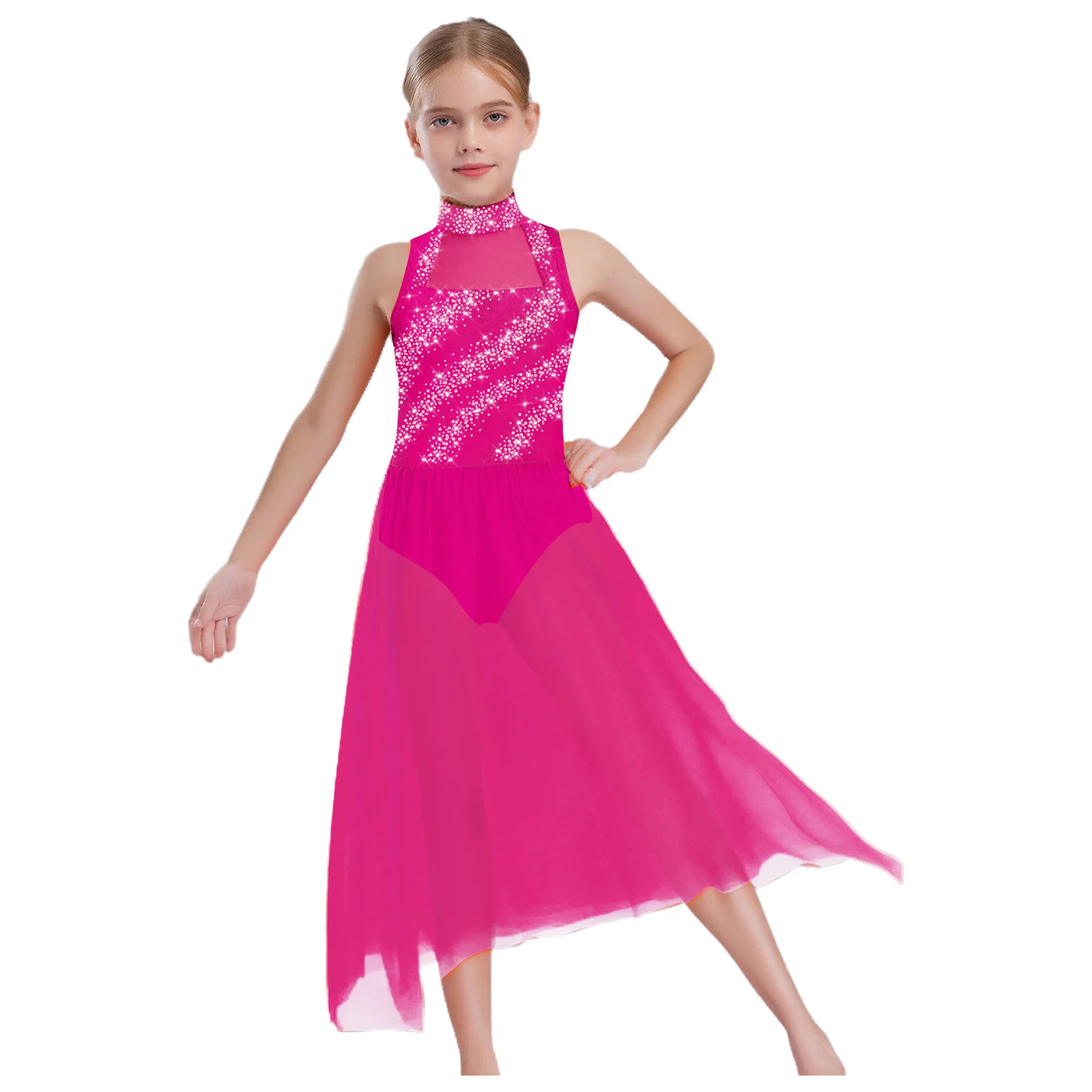 Girls Lyrical Dance Dresses Ballet Jersey Modern Dancing Sheer Mesh Sleeveless Leotard Dress for Stage Performance Competition 
Girls Lyrical Dance Dresses Ballet Jersey Modern Dancing Sheer Mesh Sleeveless Leotard Dress for Stage Performance Competition