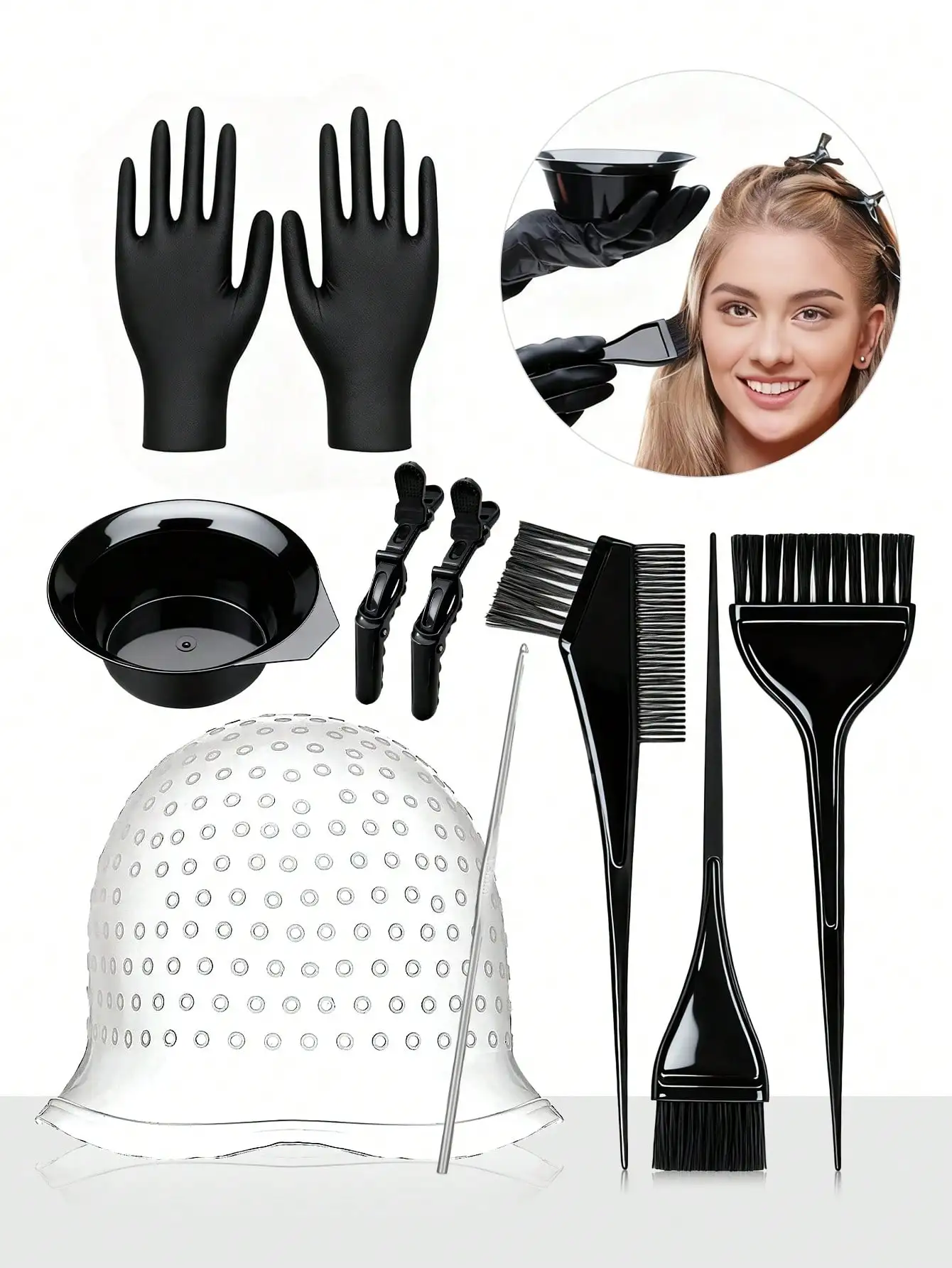 9pcs/Set Hair Dye Tool Kit, Including Dye Cap, Highlighting Cap, Hair Dye Cream, Dye Bowl, Dye Brush, Dye Gloves, Professional
9pcs/Set Hair Dye Tool Kit, Including Dye Cap, Highlighting Cap, Hair Dye Cream, Dye Bowl, Dye Brush, Dye Gloves, Professional