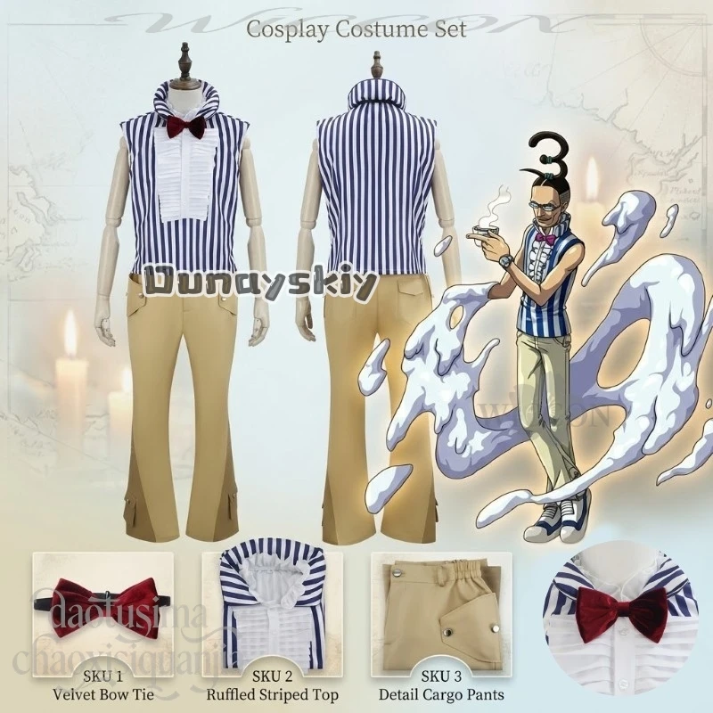 Anime Galdino Mr.3 Cosplay Striped Sleeveless Top Khaki Long Pants Bow Costume Full Set Cartoon Uniform Halloween Christmas Cos
Anime Galdino Mr.3 Cosplay Striped Sleeveless Top Khaki Long Pants Bow Costume Full Set Cartoon Uniform Halloween Christmas Cos