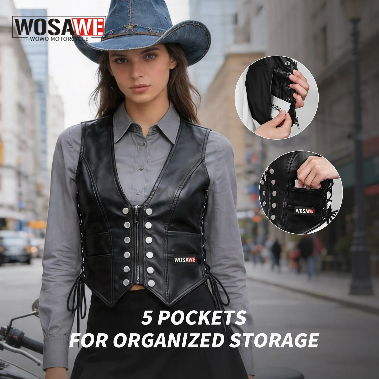 WOSAWE Women's Black Faux Leather Vest Slim Fit V-Neck Buttoned Sleeveless Top Stylish Biker Outerwear for Casual Streetwear
WOSAWE Women's Black Faux Leather Vest Slim Fit V-Neck Buttoned Sleeveless Top Stylish Biker Outerwear for Casual Streetwear