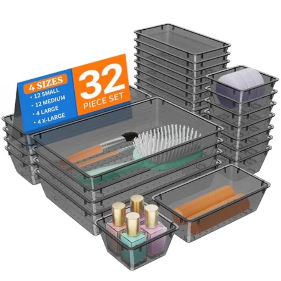 32 PCS Plastic Drawer Organizer Set, 4-Size vanity organizer Trays and Storage Bins for Makeup, Jewelry and Gadgets in Bedroom,
32 PCS Plastic Drawer Organizer Set, 4-Size vanity organizer Trays and Storage Bins for Makeup, Jewelry and Gadgets in Bedroom,