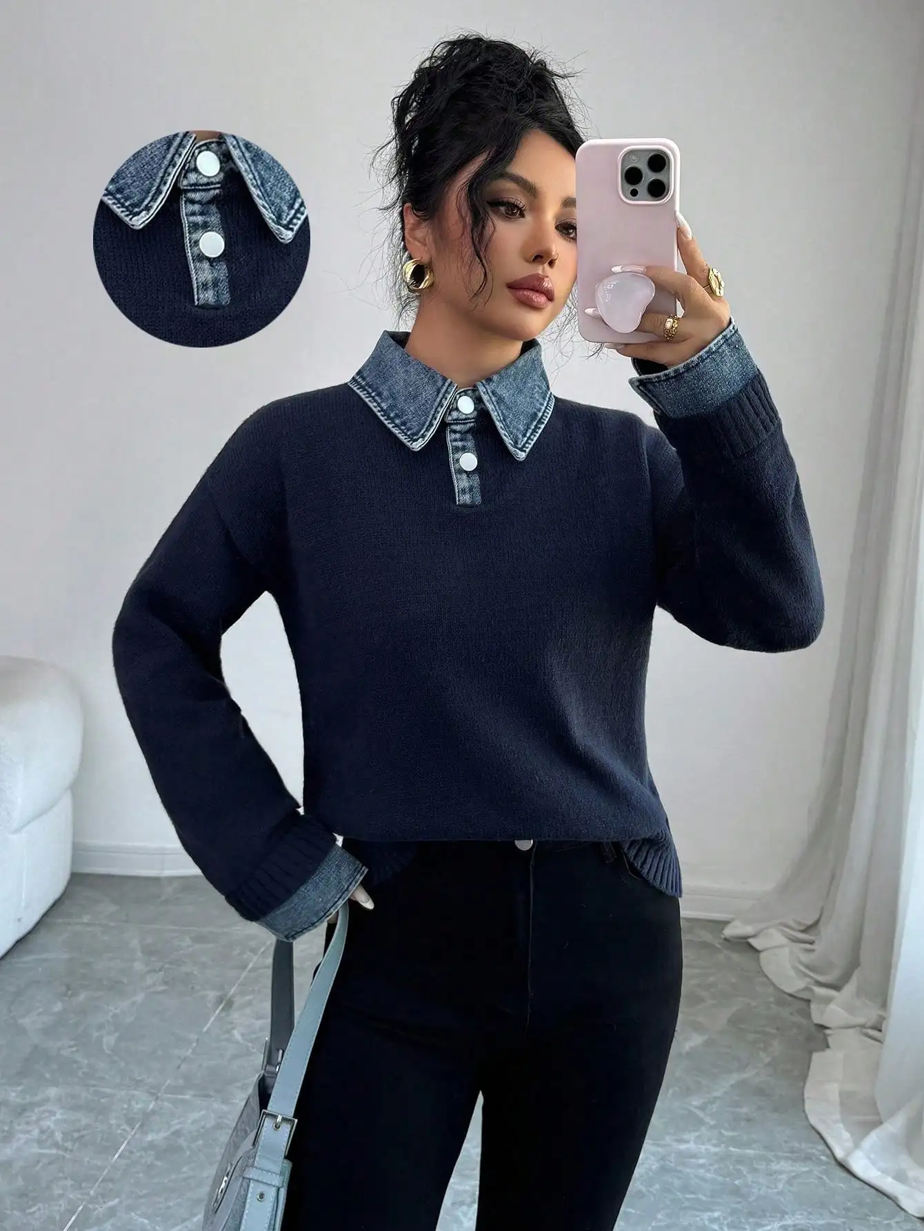 Женский вязаный свитер с джинсовым воротником, свободный крой, длинный рукав, для осени и зимы
Женский вязаный свитер с джинсовым воротником, свободный крой, длинный рукав, для осени и зимы