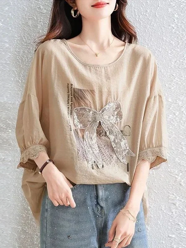 Casual Style Lace Splicing Short Sleeve T-Shirt Women Summer Loose Belly Covering plus Size Printed Slimming Young-looking Top
Casual Style Lace Splicing Short Sleeve T-Shirt Women Summer Loose Belly Covering plus Size Printed Slimming Young-looking Top