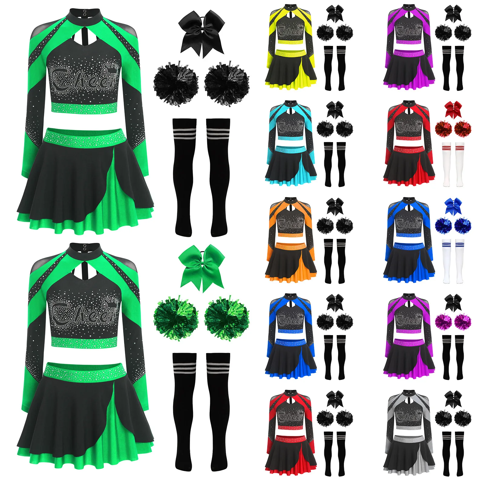 Women Youthful Student Cheer-leading Dancing Skirts Sets Shiny Crop Top with Mini Skirt Stockings Cheer Dance Outfits
Women Youthful Student Cheer-leading Dancing Skirts Sets Shiny Crop Top with Mini Skirt Stockings Cheer Dance Outfits