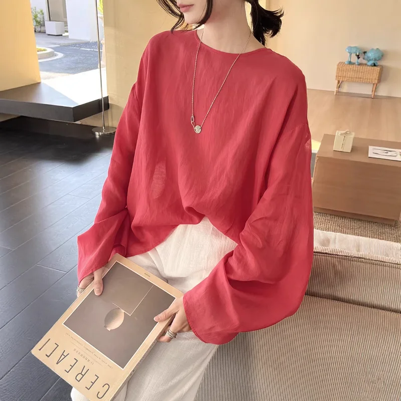 Women Fashion Loose Simple Round Neck Wide Sleeved Linen Blended Red Top French Spring Long Sleeved Elegant Casual Lady Top
Women Fashion Loose Simple Round Neck Wide Sleeved Linen Blended Red Top French Spring Long Sleeved Elegant Casual Lady Top