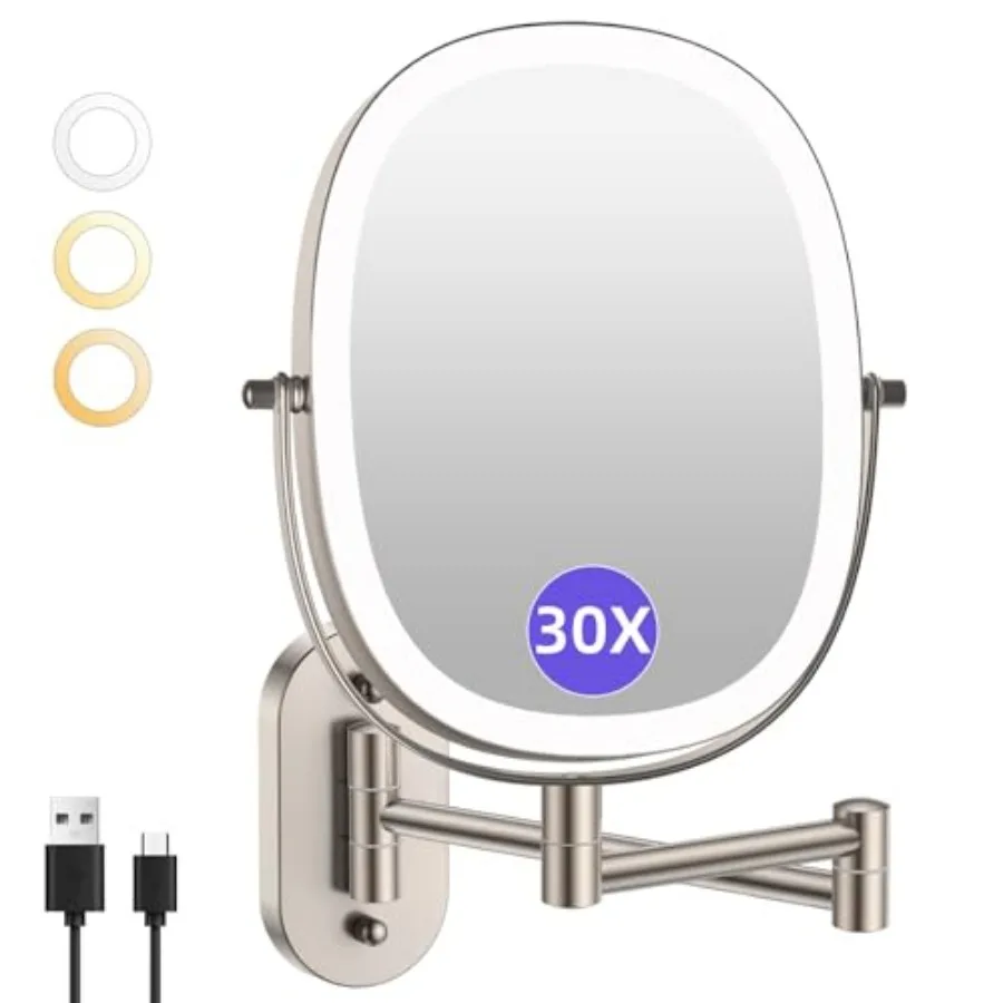 30X/1X Wall Mounted Lighted Makeup Mirror, 5000mAh Rechargeable Double Sided Magnifying Bathroom Lighted Mirror, 3 Color Modes
30X/1X Wall Mounted Lighted Makeup Mirror, 5000mAh Rechargeable Double Sided Magnifying Bathroom Lighted Mirror, 3 Color Modes