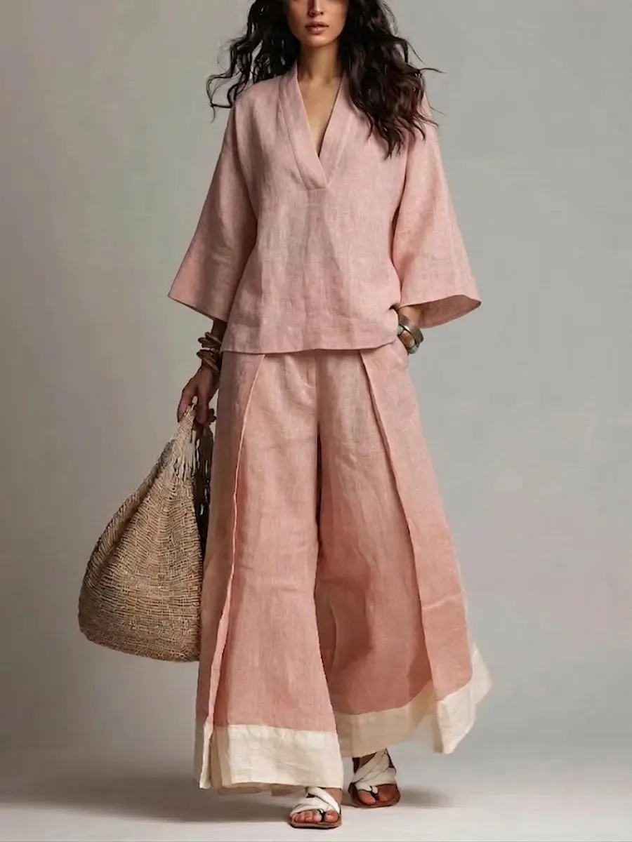 Spring Summer Women's Cotton Linen Shirt Wide Leg Pants Set V-Neck Seven Sleeve Color Block Fashionable Two-Piece Suit
Spring Summer Women's Cotton Linen Shirt Wide Leg Pants Set V-Neck Seven Sleeve Color Block Fashionable Two-Piece Suit